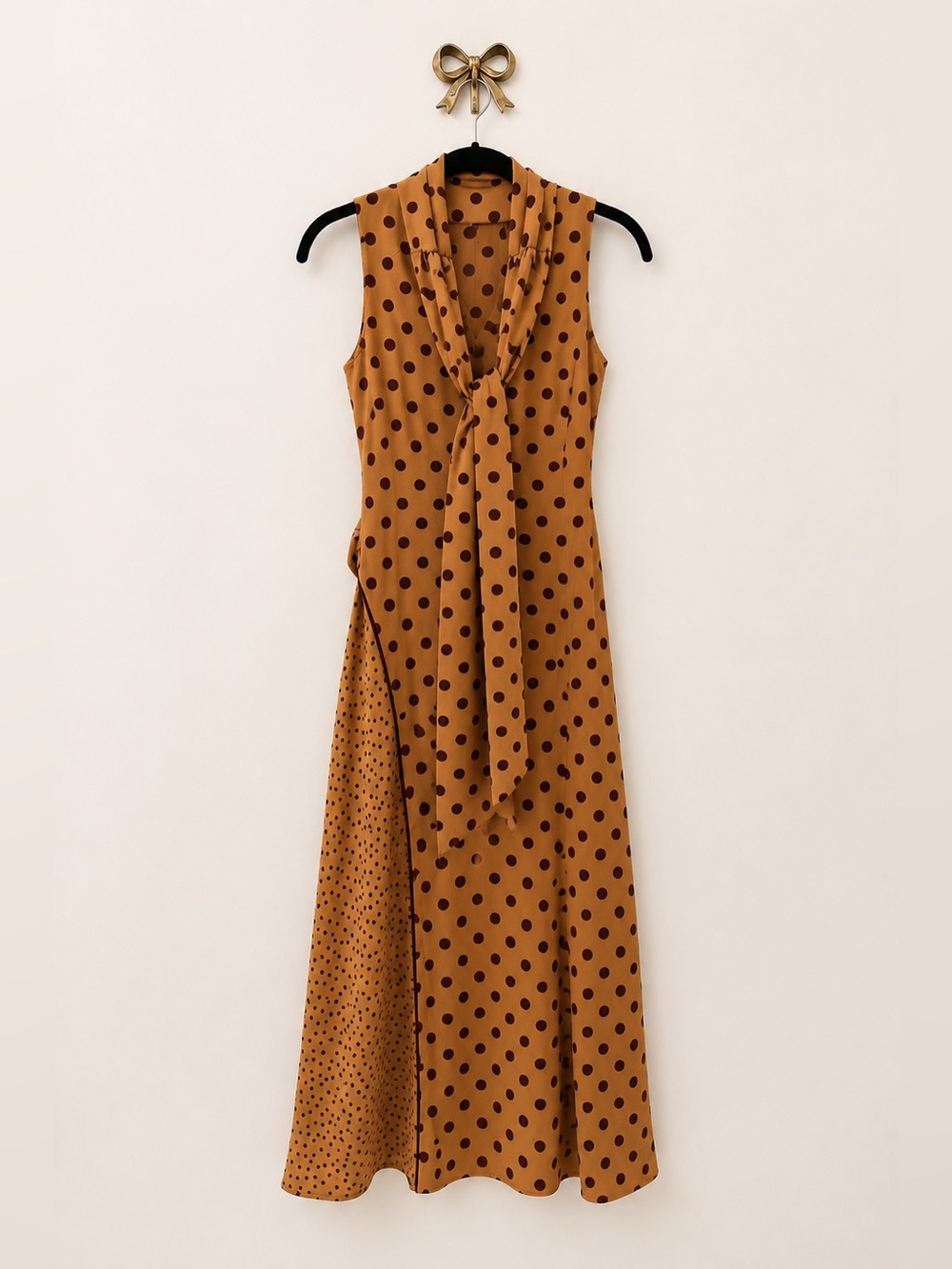 Zara Mustard and Brown Polka Dot Tie-Neck Maxi Dress